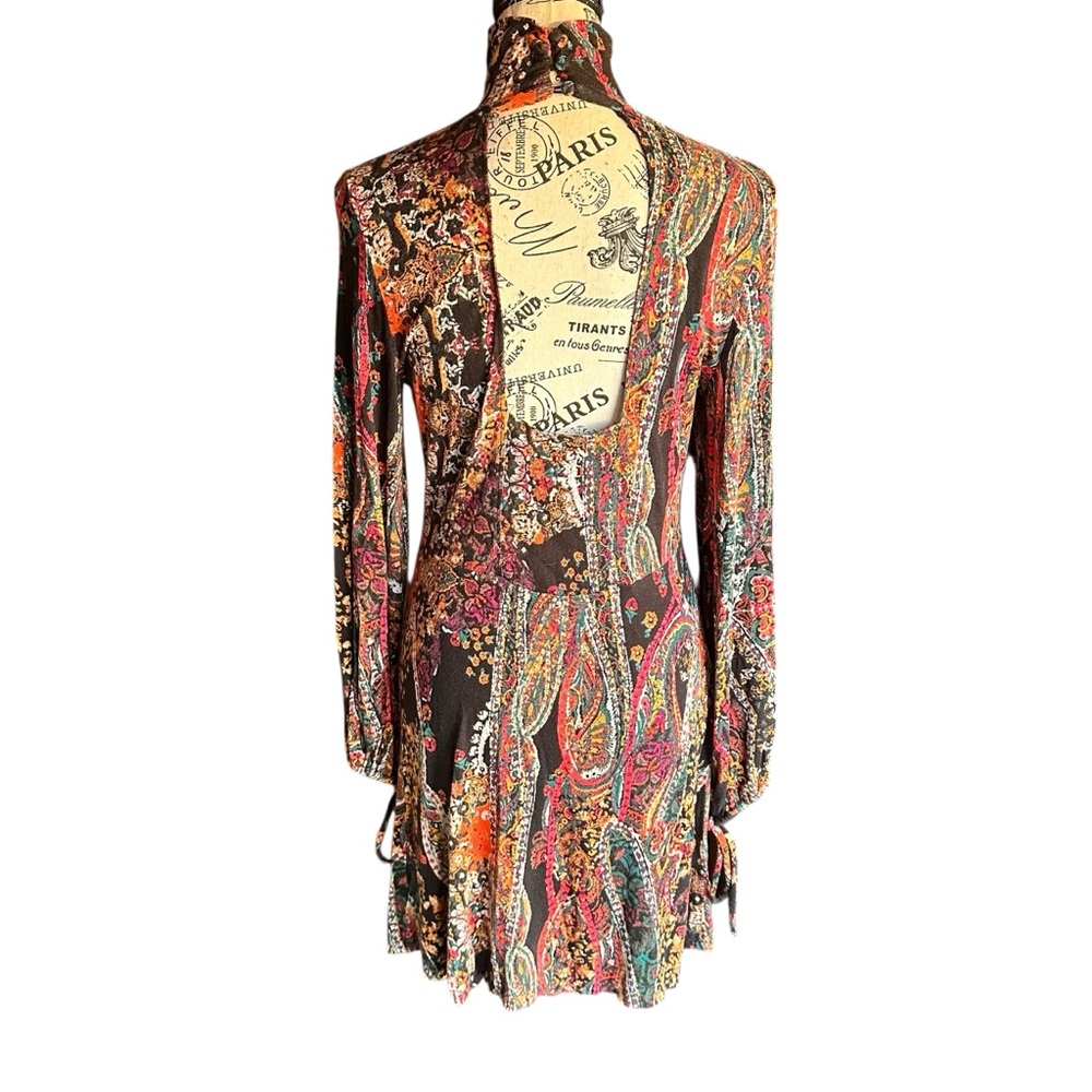 Free People All Dolled Up Paisley Boho High Neck Long Sleeve Mini Dress | S - Picture 5 of 16